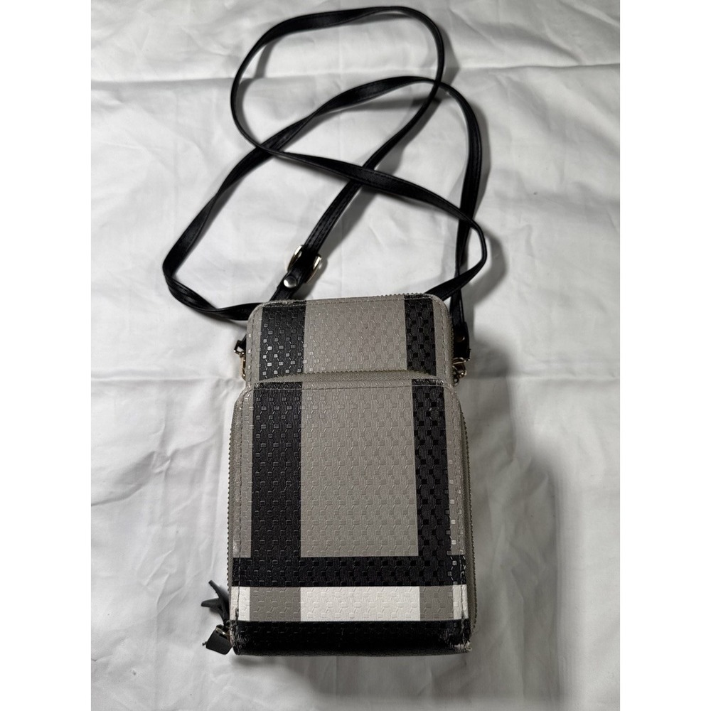 Plaid Crossbody Bag Accent Gold Hardware Gray Black White Small
